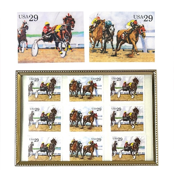 1993 Sporting Horses Harness Racing 29c Stamp Sheet of 9 in Gold Frame Stamp Art - Picture 1 of 16
